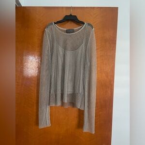 Long Sleeve Lined Mesh Top with Rhinestones